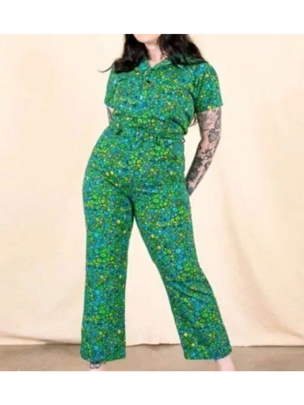BIG BUD PRESS Sz M Medium Moss Blossom Green Floral Short Sleeve Jumpsuit Cotton